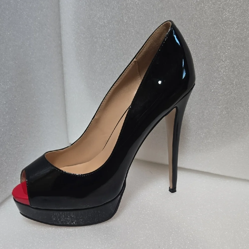 Marumote 6" SHINEY BLACK STILETTOS W/ RED PEEP VALENTINE'S  DIVA 9.5 - Picture 10 of 17